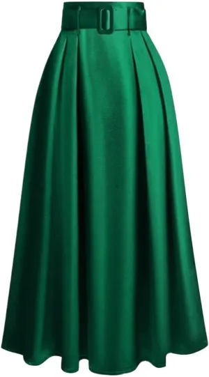 Women's Basic Elegant Women's Flared Waist Long Skirt Belted Plicated High Waist Casual Skirts