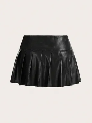 Women's Basic Low Waist Double Belted Pleated Slit Mini Skirt Plain Grommet Eyelet Casual Skirts