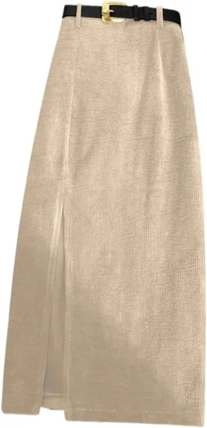 Women's Basic Solid Slit High Waist Long Skirt Casual Belted Split Thigh Casual Skirts