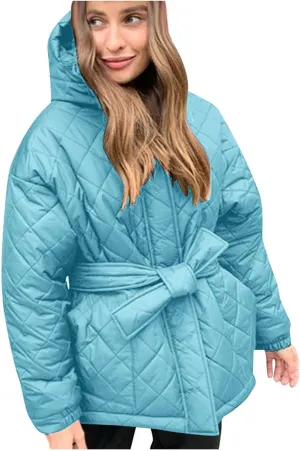 Women's Belted Quilted Puffer Jackets 2024 Trendy Down Coats With Hood Winter Warm Lightweight Outfits with Pockets