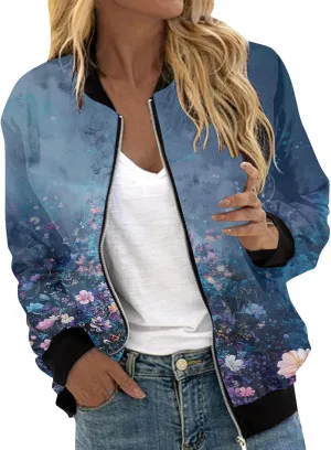 Women's Bomber Jacket 2024 Long Sleeve Classic Gradient Print Jacket Casual Daily Lightweight Short Outwear Tops