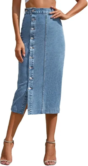 Women's Button Front Denim Skirt High Waisted Split Hem Bodycon Longline One Piece Jean Pencil Skirts