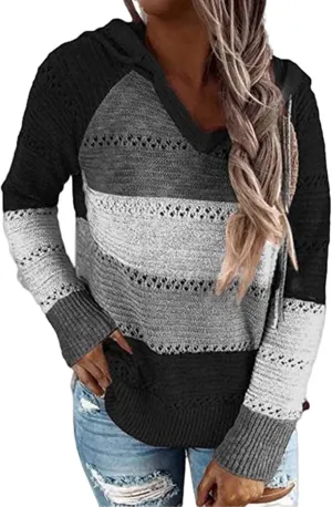 Womens Casual Hoodies Striped Color Block Sweatshirt Fall Sweater Long Sleeves Knit Tops