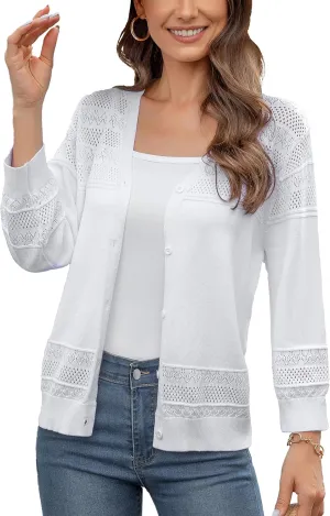Women's Casual Lightweight 3/4 Sleeve Cardigan Trendy Soft Button Down Hollow Out Cardigans Sweaters
