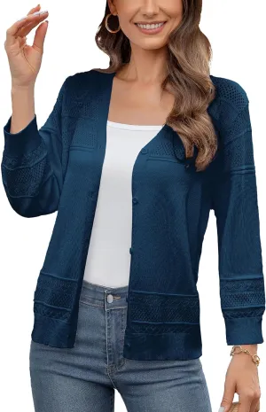 Women's Casual Lightweight 3/4 Sleeve Cardigan Trendy Soft Button Down Hollow Out Cardigans Sweaters