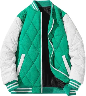 Womens Casual Padded Full Zip Stand Collar Plus Size Color Block Patchwork Long Sleeve Winter Warm Down Puffer Jackets
