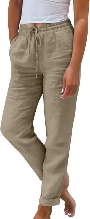 Womens Cotton Linen Cropped Pants 2025 Summer Lounge High Waisted Stretch Capris Drawstring Trousers with Pocket