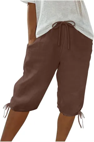 Womens Drawstring Linen Shorts Casual Lightweight Shorts Summer High Waisted Shorts Solid Color Shorts with Pockets