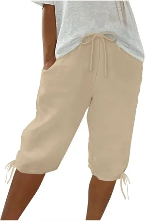 Womens Drawstring Linen Shorts Casual Lightweight Shorts Summer High Waisted Shorts Solid Color Shorts with Pockets