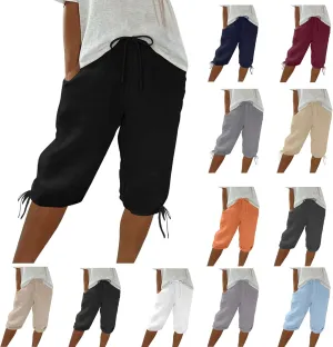 Womens Drawstring Linen Shorts Casual Lightweight Shorts Summer High Waisted Shorts Solid Color Shorts with Pockets