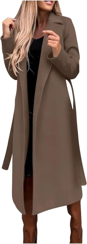 Womens Fall Wool Blend Coats 2024 Classic Open Front Belted Long Jacket Outerwear Casual Fashion Formal Coat(Plus Size)
