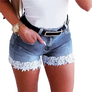 Women's High Waisted Stretchy Denim Shorts Distressed Casual Fashion Jeans Shorts Washed Ripped Lace Shorts with Pocket (Light Blue,Medium)