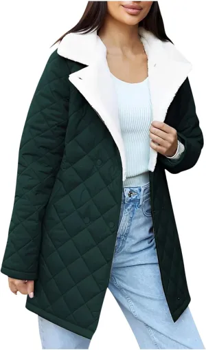 Womens Jackets Winter Lapel Mid-Length Diamond Quilted Down Jacket Fleece Lined Button Down Puffer Jacket Coat