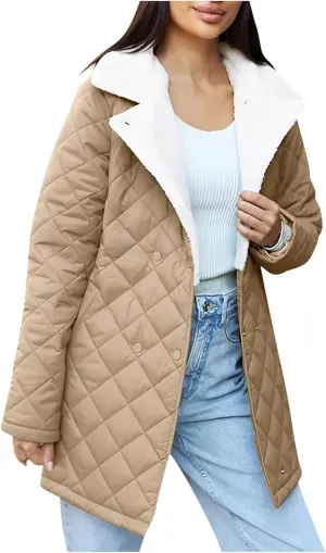 Womens Jackets Winter Lapel Mid-Length Diamond Quilted Down Jacket Fleece Lined Button Down Puffer Jacket Coat
