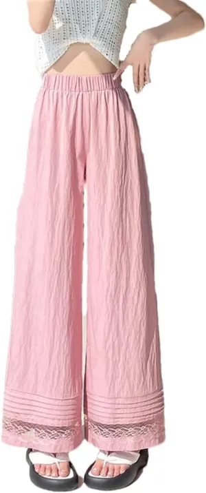 Women's Lace Patchwork Wide Leg Ankle Length Pants High Waist Straight Loose Trousers