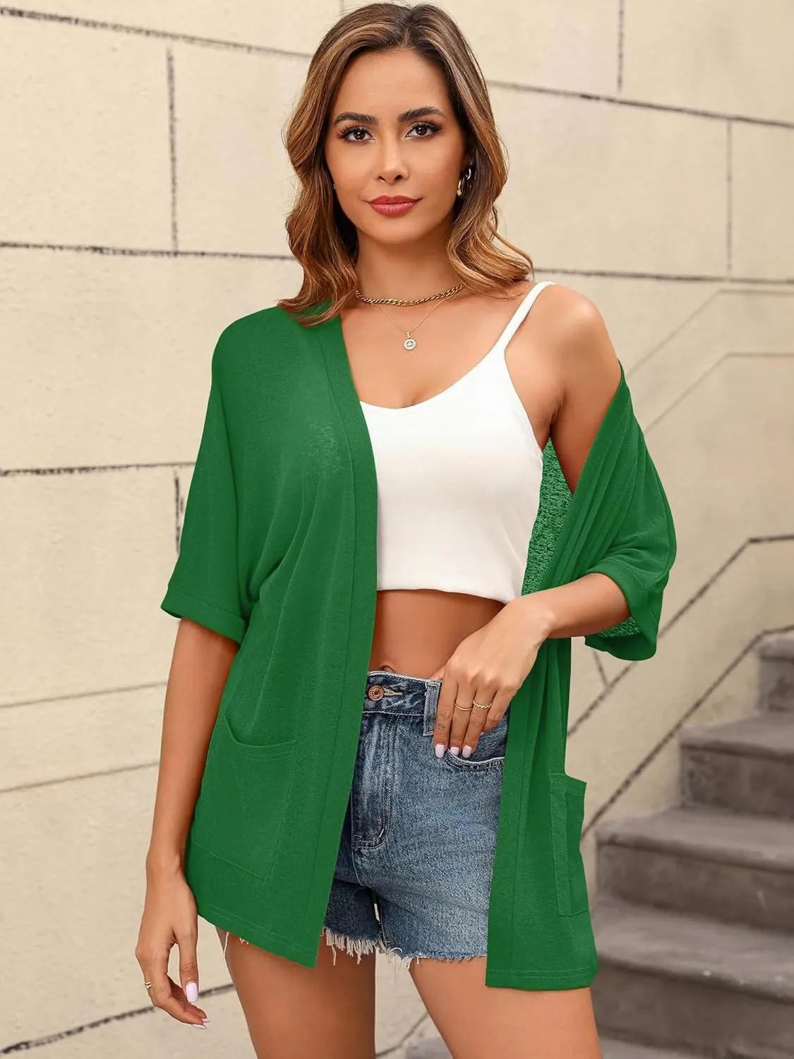 Women's Lightweight Open Front Cardigans Short Sleeve Casual Soft Sheer Cardigan S-2XL with Pockets