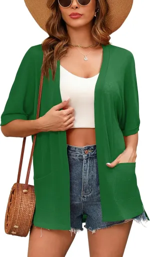 Women's Lightweight Open Front Cardigans Short Sleeve Casual Soft Sheer Cardigan S-2XL with Pockets