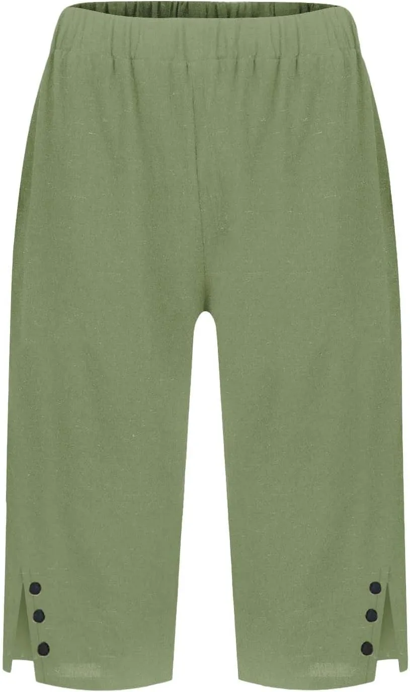 Women's Linen Bermuda Shorts Knee Length Casual Summer Linen Capri Shorts Lightweight Beach Pants with Pockets