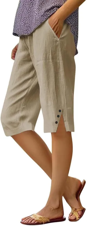 Women's Linen Bermuda Shorts Knee Length Casual Summer Linen Capri Shorts Lightweight Beach Pants with Pockets