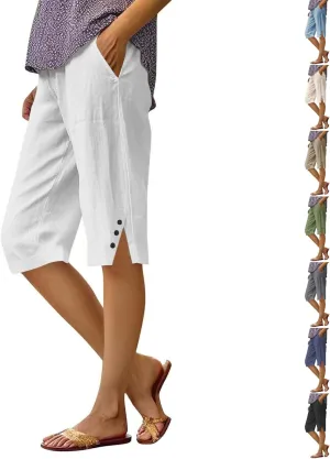 Women's Linen Bermuda Shorts Knee Length Casual Summer Linen Capri Shorts Lightweight Beach Pants with Pockets