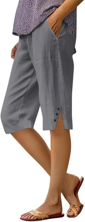 Women's Linen Bermuda Shorts Knee Length Casual Summer Linen Capri Shorts Lightweight Beach Pants with Pockets
