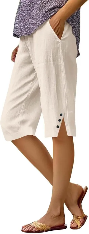 Women's Linen Bermuda Shorts Knee Length Casual Summer Linen Capri Shorts Lightweight Beach Pants with Pockets