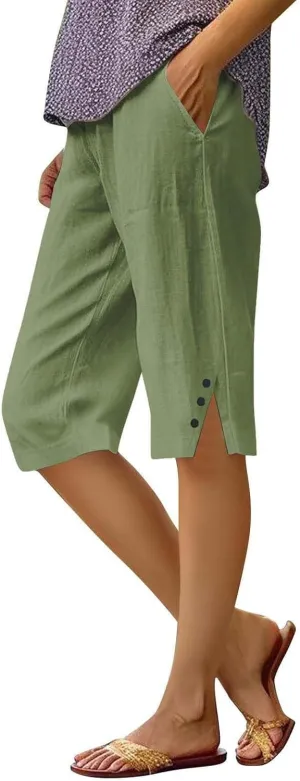 Women's Linen Bermuda Shorts Knee Length Casual Summer Linen Capri Shorts Lightweight Beach Pants with Pockets