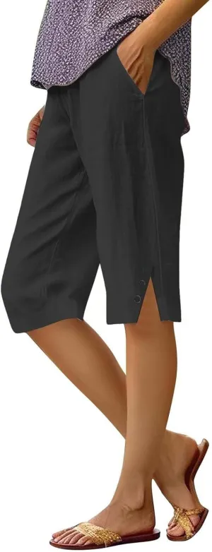 Women's Linen Bermuda Shorts Knee Length Casual Summer Linen Capri Shorts Lightweight Beach Pants with Pockets