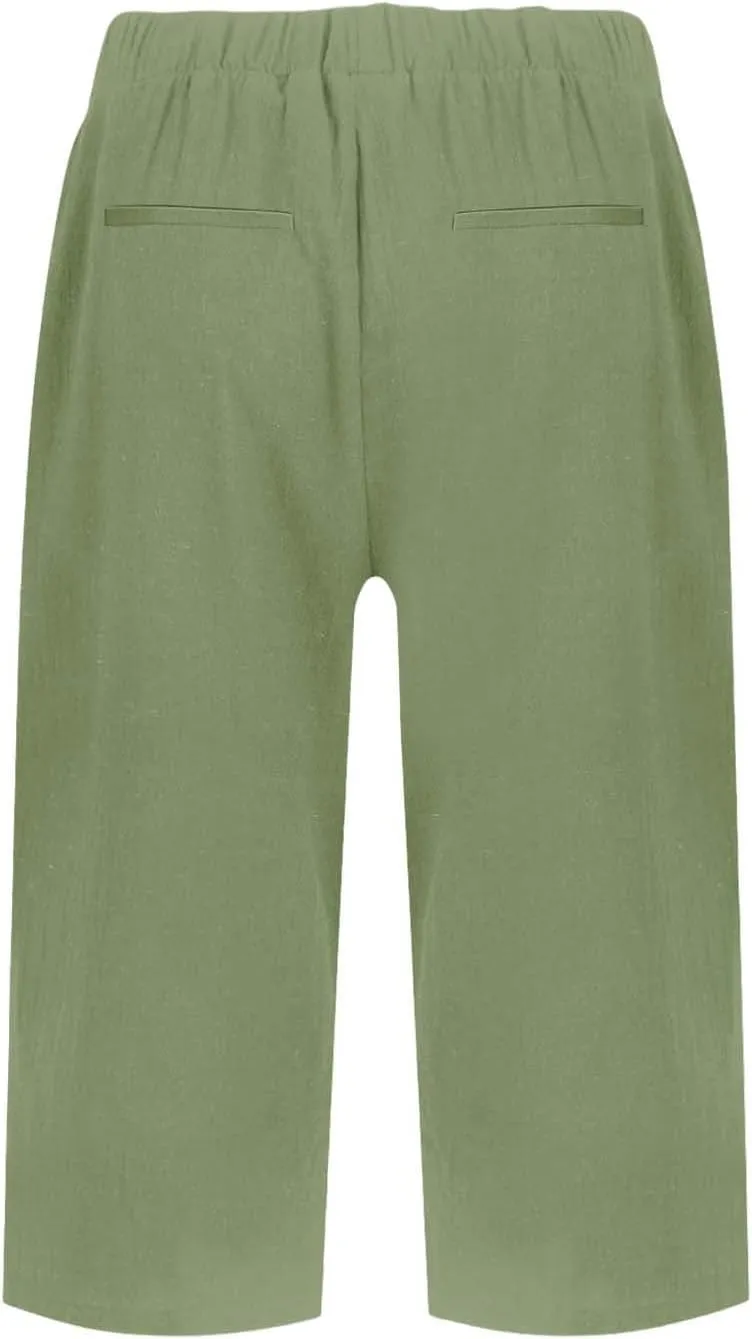 Women's Linen Bermuda Shorts Knee Length Casual Summer Linen Capri Shorts Lightweight Beach Pants with Pockets