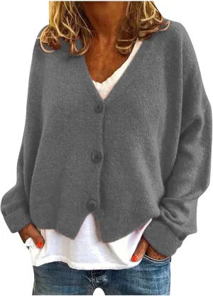 Women's Long Sleeve V-Neck Cardigans Soft Open Front Sweater Comfortable Loose Button Casual Fall Clothes