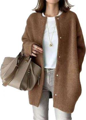 Womens Loose Knitted Cardigans Button Down Long Sleeve Fall Woolen Outwear Solid Color Oversized Sweater Coat