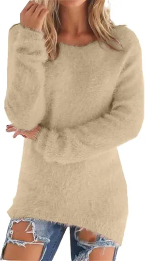 Womens Mock Neck Fuzzy Sweaters 2024 Long Sleeve Slim Fit Plush Pullovers Fleece Winter Soft Cozy Basic Tops Knitwear