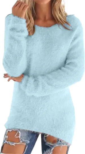 Womens Mock Neck Fuzzy Sweaters 2024 Long Sleeve Slim Fit Plush Pullovers Fleece Winter Soft Cozy Basic Tops Knitwear