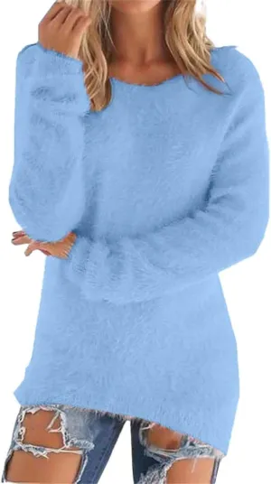 Womens Mock Neck Fuzzy Sweaters 2024 Long Sleeve Slim Fit Plush Pullovers Fleece Winter Soft Cozy Basic Tops Knitwear