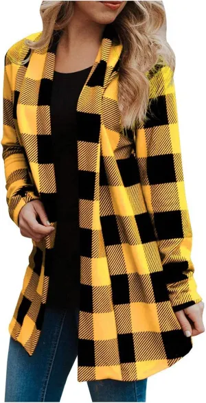 Women's Open Front Cardigan Casual Lightweight Long Sleeve Kimono Cardigans Buffalo Plaid Shirt Comfy Soft Outwear