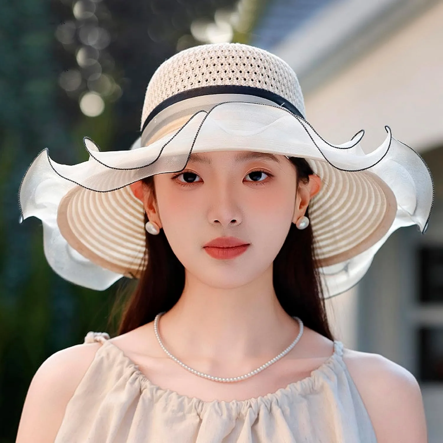 Women's Organza Fascinator Hat Bridal Wedding Flower Church Hat Cocktail Tea Party Wide Brim Summer Sun Cap