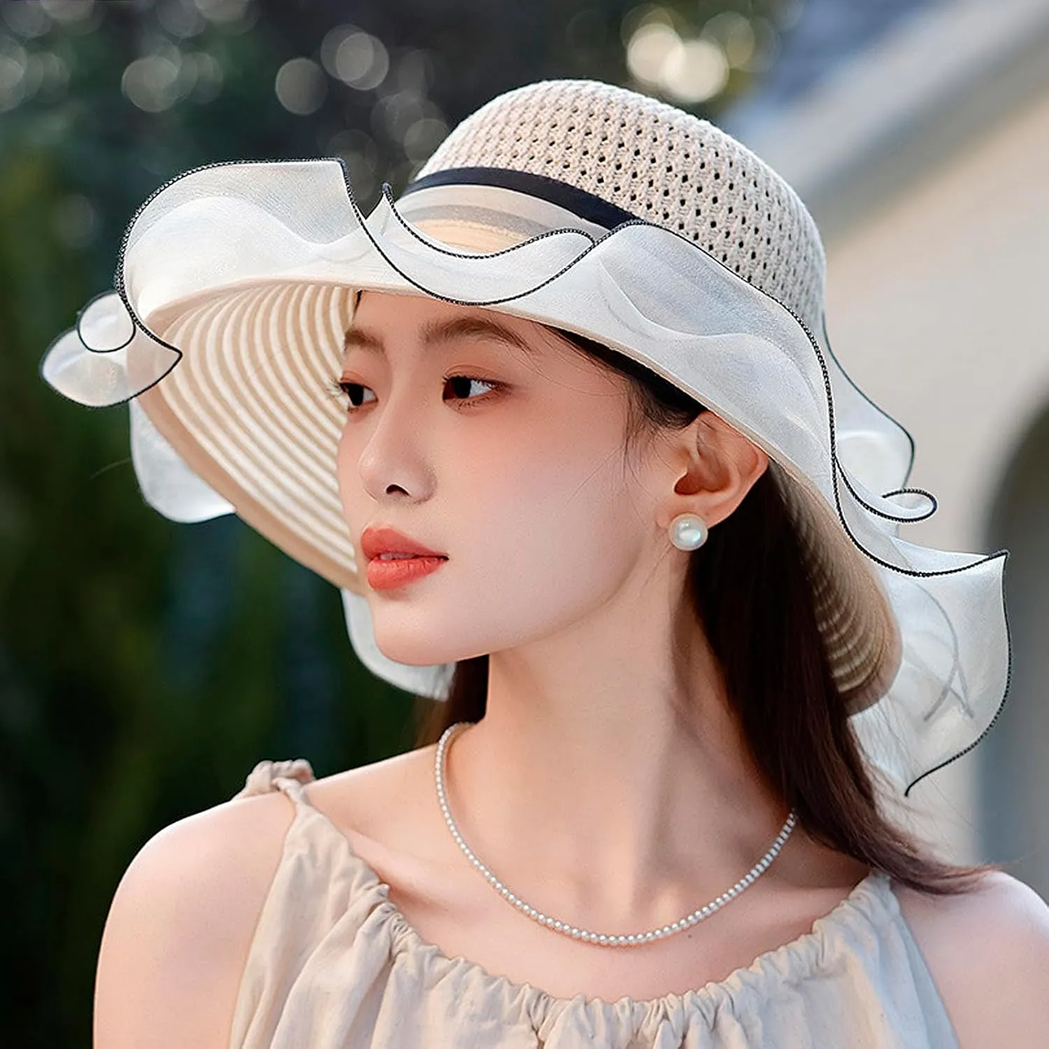 Women's Organza Fascinator Hat Bridal Wedding Flower Church Hat Cocktail Tea Party Wide Brim Summer Sun Cap