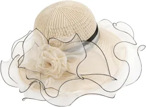 Women's Organza Fascinator Hat Bridal Wedding Flower Church Hat Cocktail Tea Party Wide Brim Summer Sun Cap