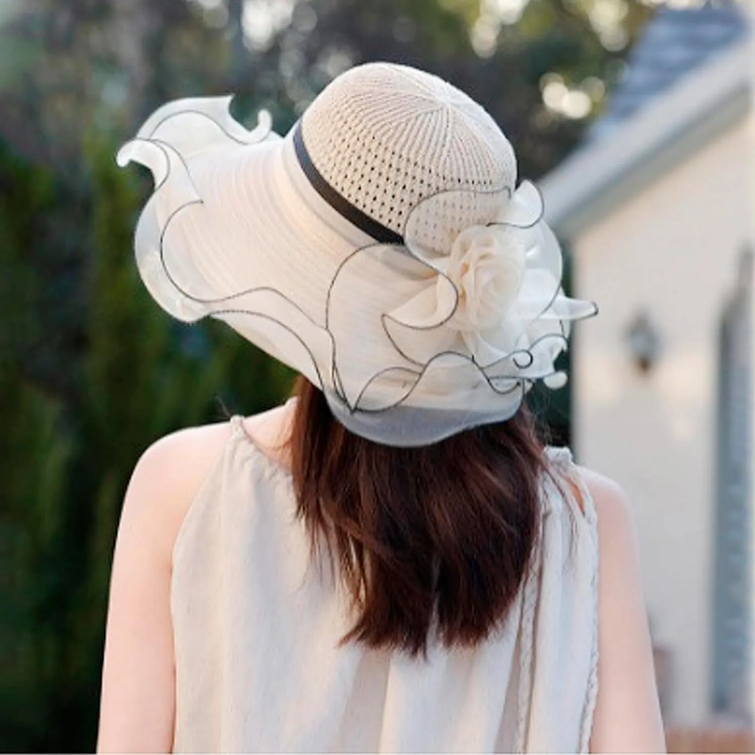 Women's Organza Fascinator Hat Bridal Wedding Flower Church Hat Cocktail Tea Party Wide Brim Summer Sun Cap
