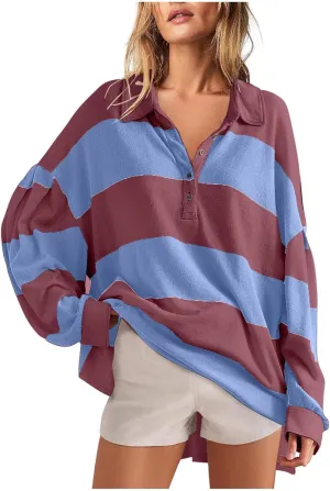Women's Oversized Sweatshirt Button Striped Graphic Print Pullover Tops Casual Comfy Fashion Sweatshirts