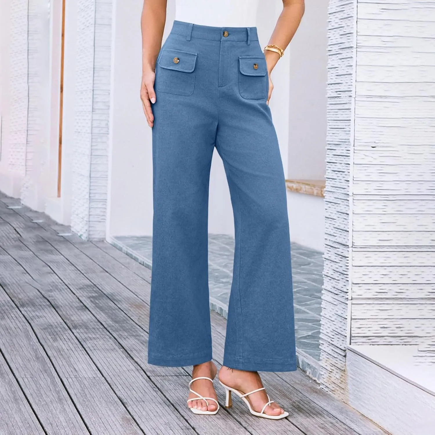 Womens Pants Formal Wide Leg Trousers High Waist Fit Casual Slacks Straight Fashion Pants with Pockets