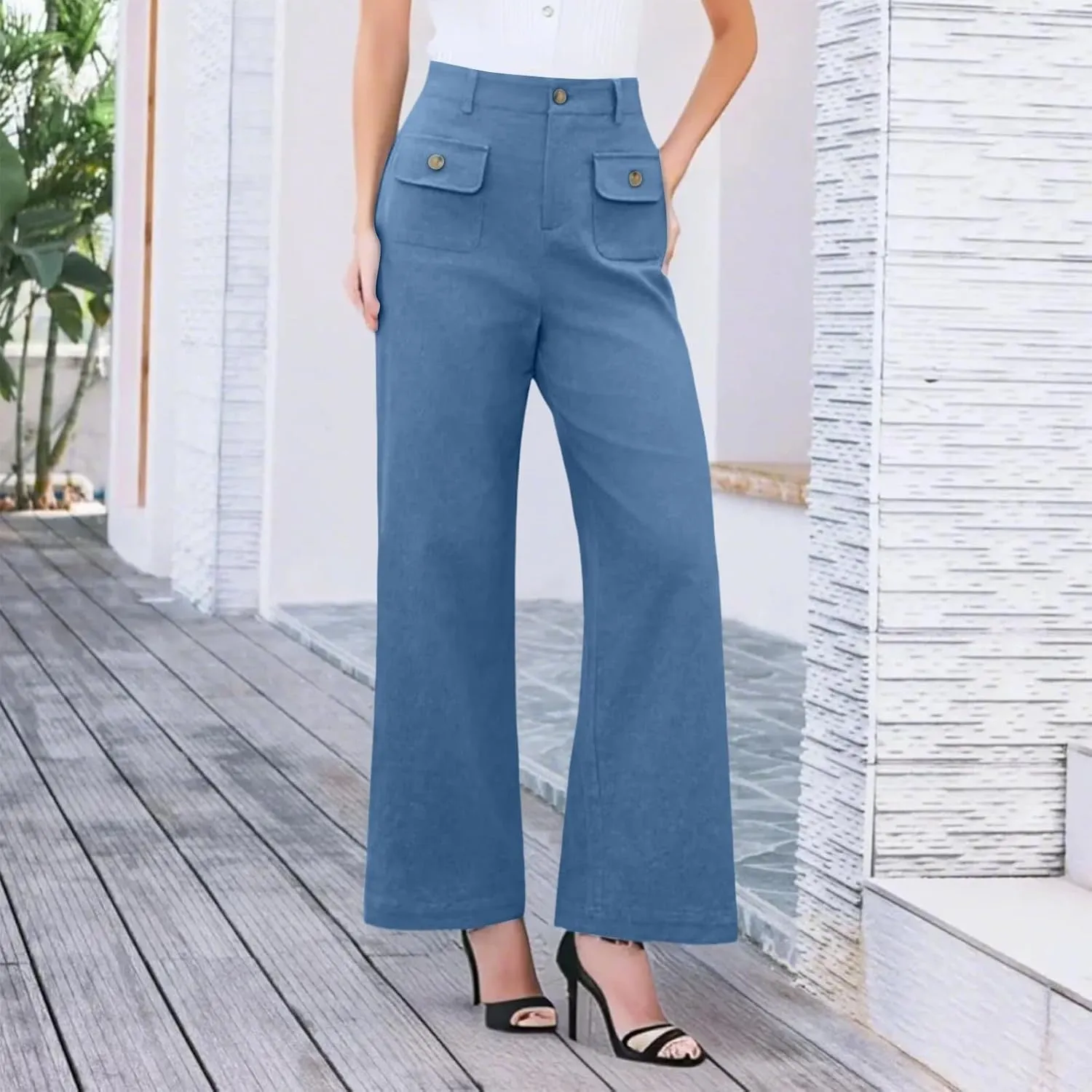 Womens Pants Formal Wide Leg Trousers High Waist Fit Casual Slacks Straight Fashion Pants with Pockets