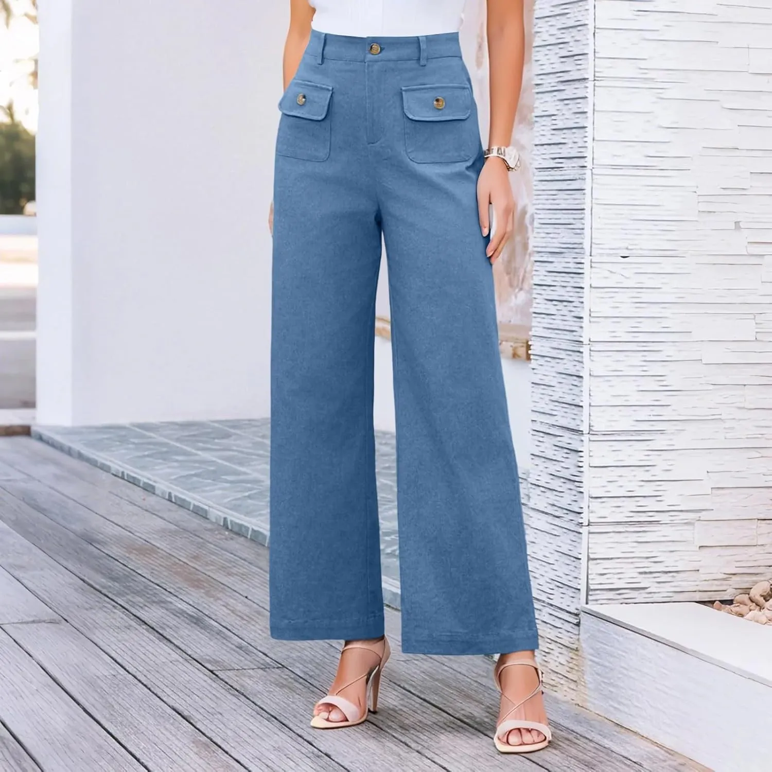 Womens Pants Formal Wide Leg Trousers High Waist Fit Casual Slacks Straight Fashion Pants with Pockets