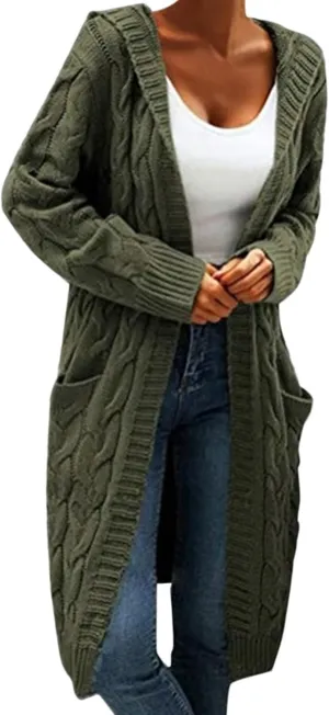 Womens Plain Chunky Open Front Cardigan with Hood Oversized Cable Knit Sweaters Solid Color Long Sweater Coats