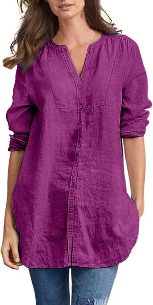 Women's Solid Color Linen Longline Shirt Cardigan Womens Raglan Shirts 3/4 Sleeve