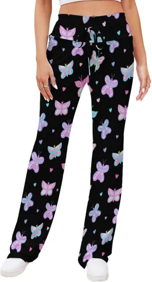 Women's Straight-Leg Lace Up Yoga Trousers Colorful Butterfly Cozy Wide Leg Pants