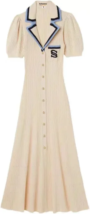 Women’s Sweater Dress Button Down Lapel V-Neck Ruffle Ribbed Puffy Short Sleeve Collared Belted Pocket Maxi Dresses