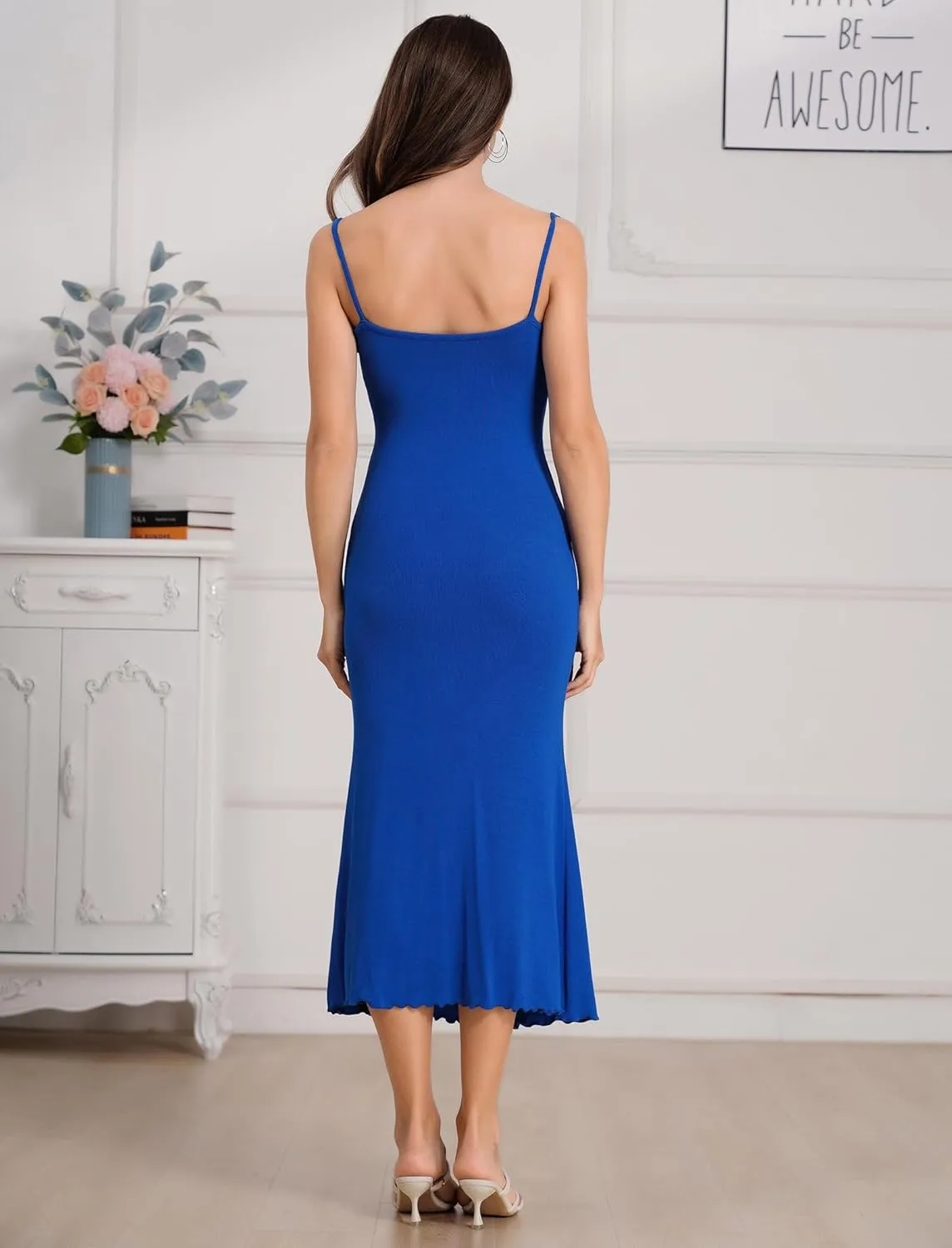 Womens Tie Shoulder Drawstring Ruched Bust Mermaid Hem Cami Slip Dress Bodycon Maxi Evening Party Dress