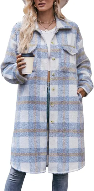 Womens Trench Coat Wool Blend Button Down Shirt Jackets Plaid Shacket Overcoat Fall Fashion 2024 Long Peacoat