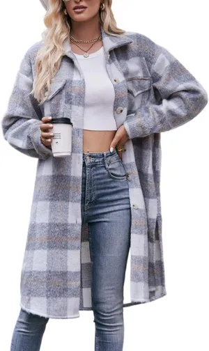 Womens Trench Coat Wool Blend Button Down Shirt Jackets Plaid Shacket Overcoat Fall Fashion 2024 Long Peacoat